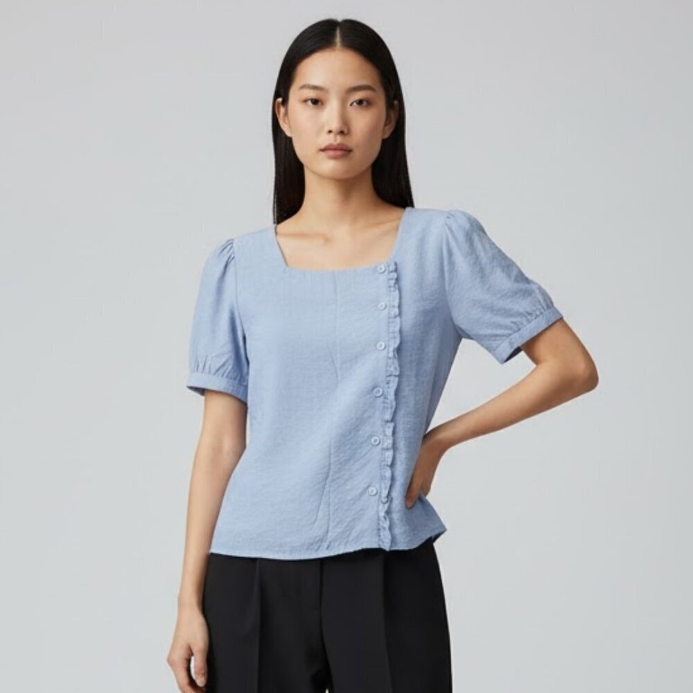 Emerge Blue Ruffle Button Blouse